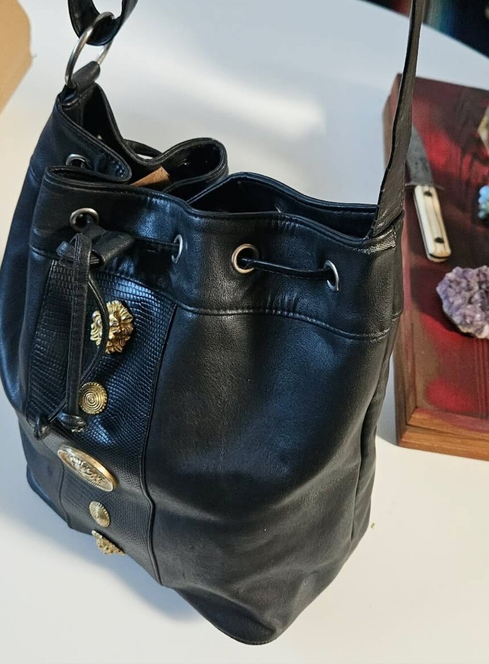 Vintage Black Women's Bucket Bag with Gold Accents
